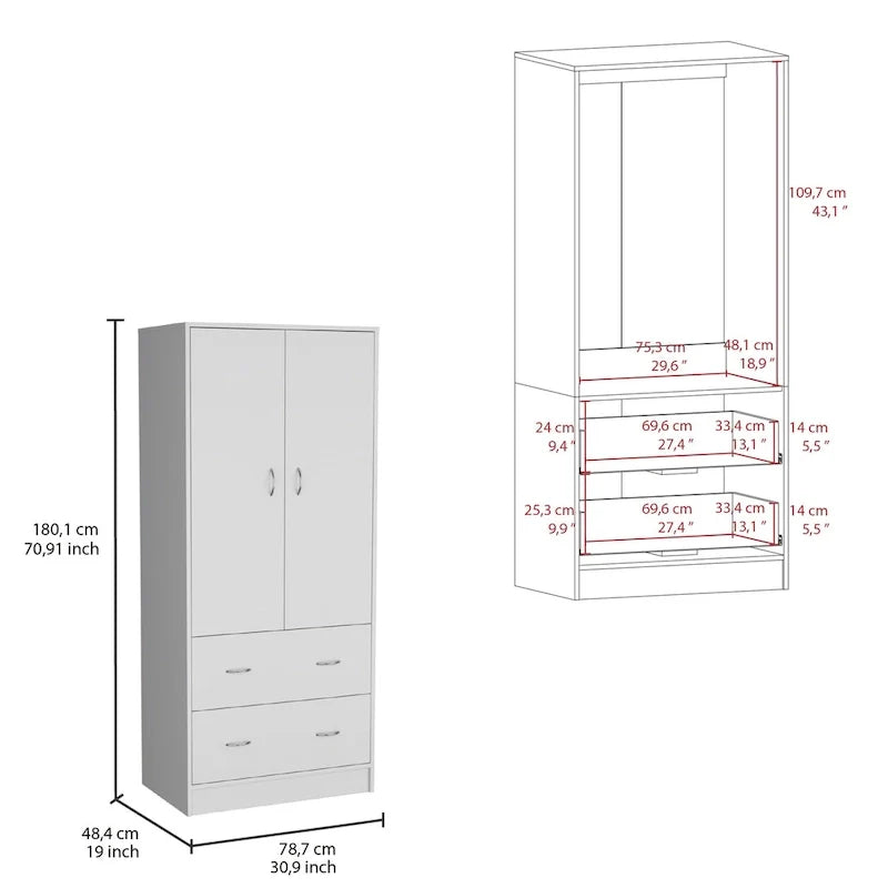 30.9-Inch Contemporary Double-Door Armoire with Two Drawers and Hanging Rod for Bedroom Storage 3