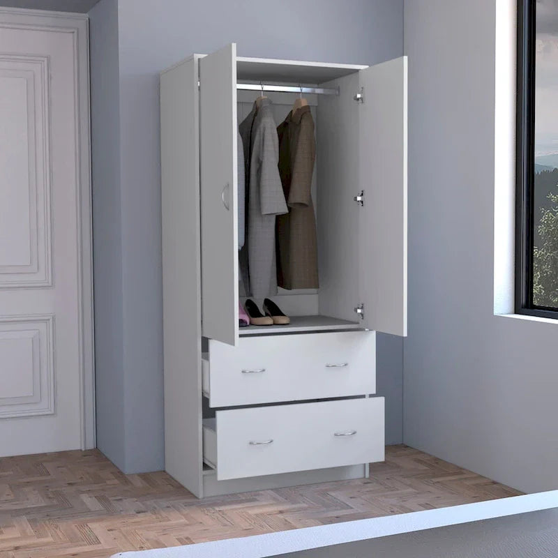 30.9-Inch Contemporary Double-Door Armoire with Two Drawers and Hanging Rod for Bedroom Storage 4