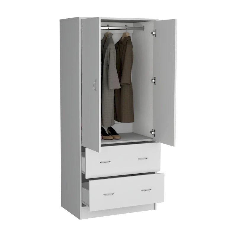 30.9-Inch Contemporary Double-Door Armoire with Two Drawers and Hanging Rod for Bedroom Storage 6