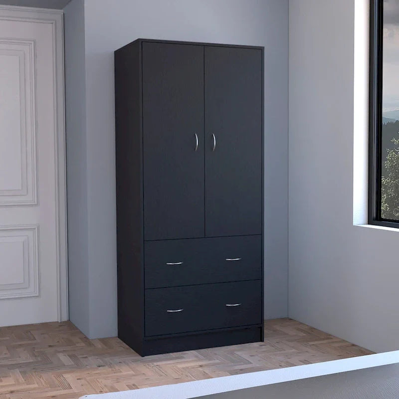 30.9-Inch Contemporary Double-Door Armoire with Two Drawers and Hanging Rod for Bedroom Storage 8