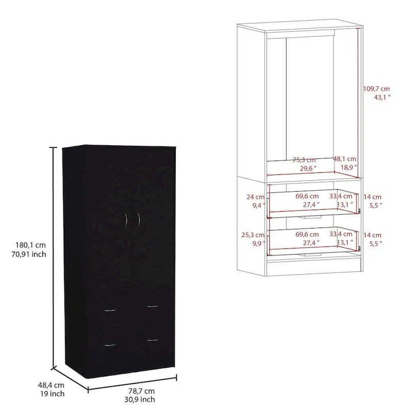 30.9-Inch Contemporary Double-Door Armoire with Two Drawers and Hanging Rod for Bedroom Storage 10