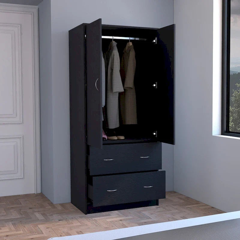 30.9-Inch Contemporary Double-Door Armoire with Two Drawers and Hanging Rod for Bedroom Storage 11