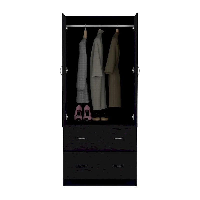 30.9-Inch Contemporary Double-Door Armoire with Two Drawers and Hanging Rod for Bedroom Storage 14