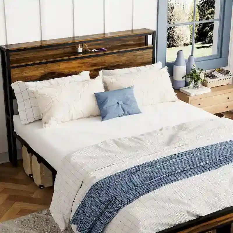 Vintage Brown Queen Platform Bed with Storage Headboard, LED Lighting & Charging Ports