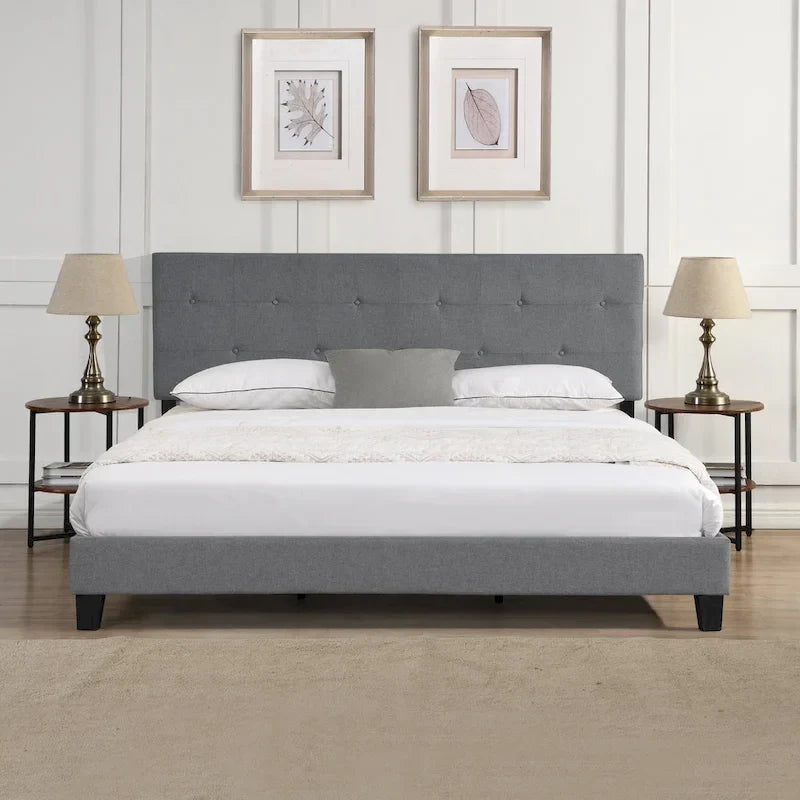 King Size Upholstered Platform Bed with Button-Tufted Linen Headboard 1