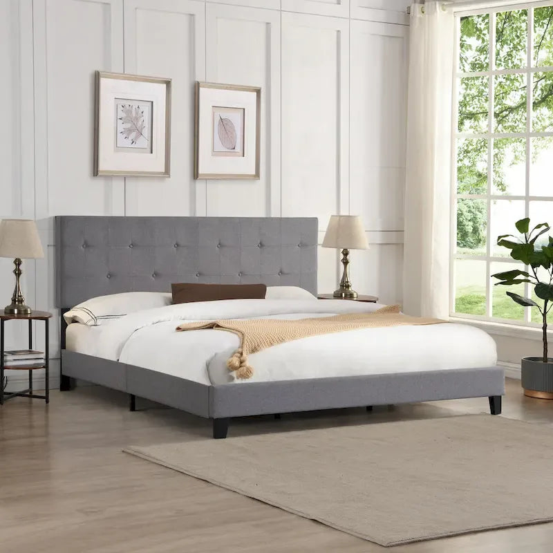 King Size Upholstered Platform Bed with Button-Tufted Linen Headboard 2