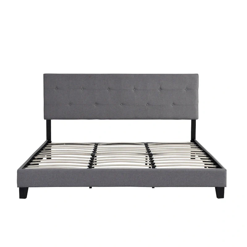 King Size Upholstered Platform Bed with Button-Tufted Linen Headboard 3