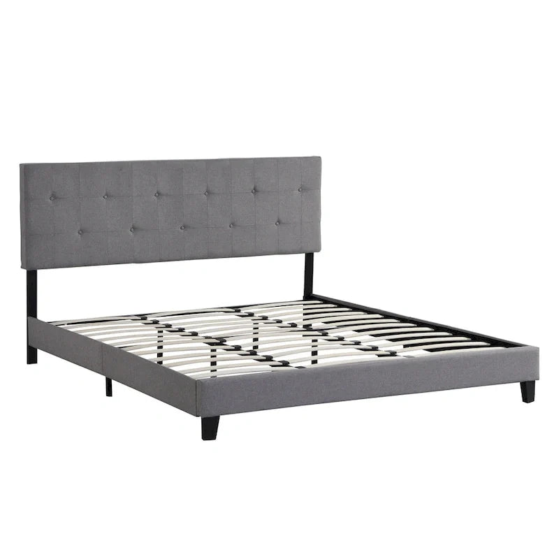 King Size Upholstered Platform Bed with Button-Tufted Linen Headboard 4