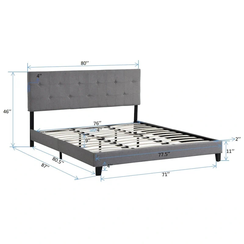 King Size Upholstered Platform Bed with Button-Tufted Linen Headboard 8