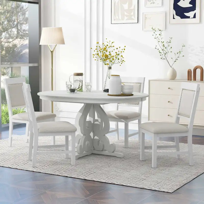 Vintage White 5-Piece Wooden Dining Set with Extendable Table and 4 Chairs 19