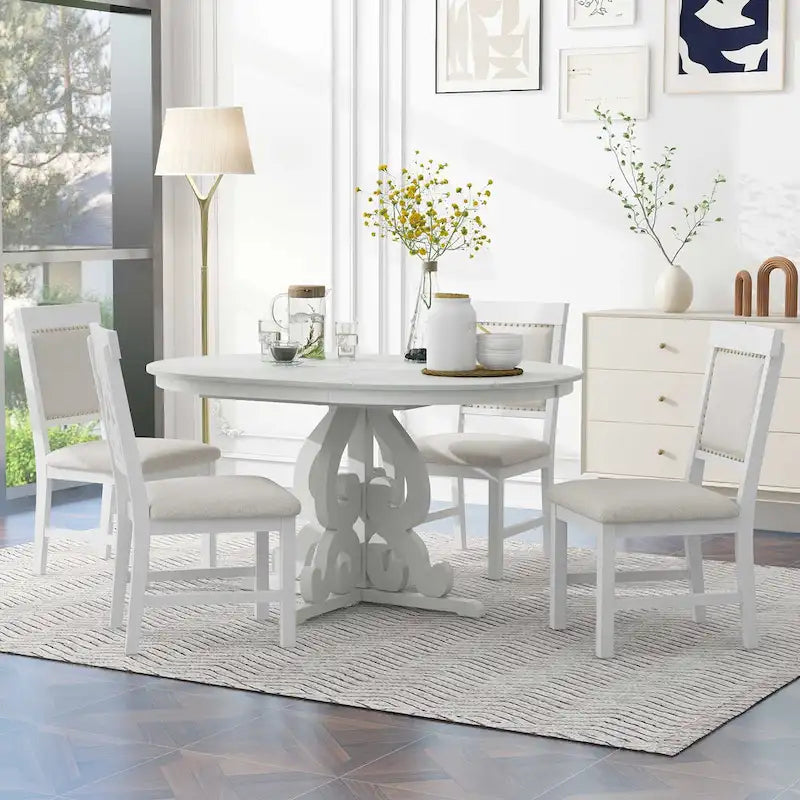 Vintage White 5-Piece Wooden Dining Set with Extendable Table and 4 Chairs 1