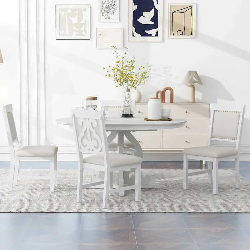 Vintage White 5-Piece Wooden Dining Set with Extendable Table and 4 Chairs 2