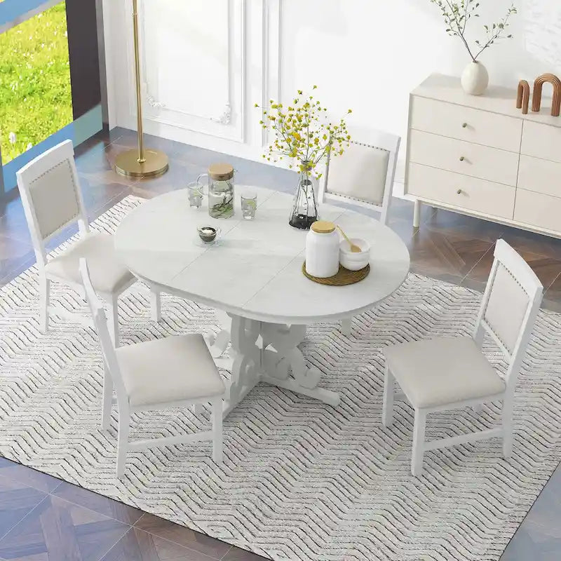 Vintage White 5-Piece Wooden Dining Set with Extendable Table and 4 Chairs 3