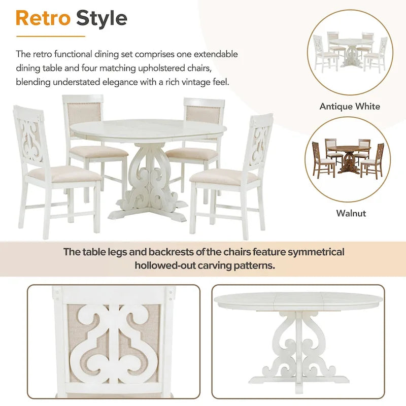 Vintage White 5-Piece Wooden Dining Set with Extendable Table and 4 Chairs 5