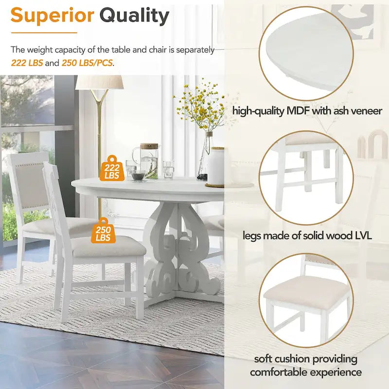 Vintage White 5-Piece Wooden Dining Set with Extendable Table and 4 Chairs 7
