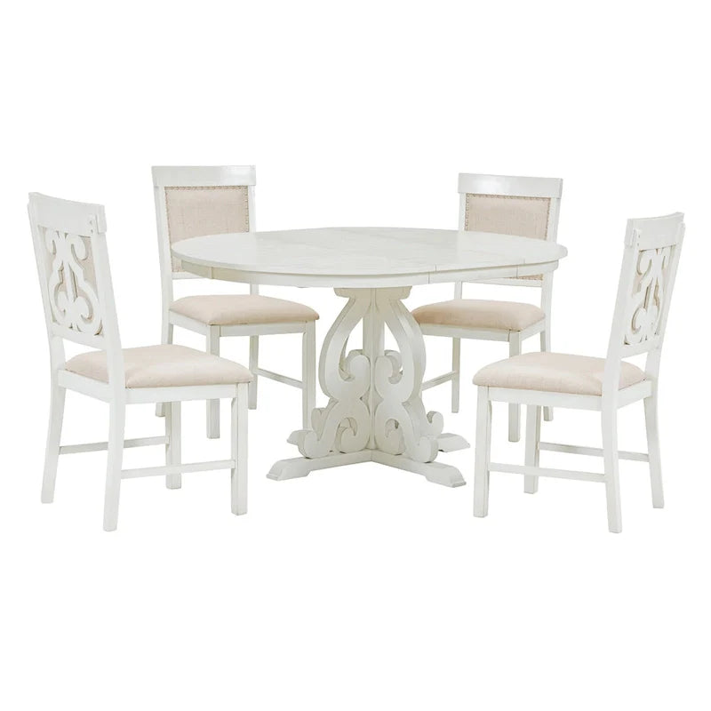 Vintage White 5-Piece Wooden Dining Set with Extendable Table and 4 Chairs 9