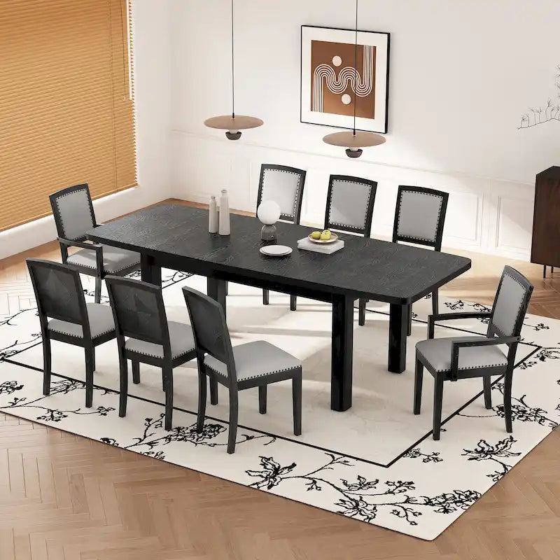 7-Piece Extendable Wooden Dining Table Set in Black and Gray with 6 Chairs 21