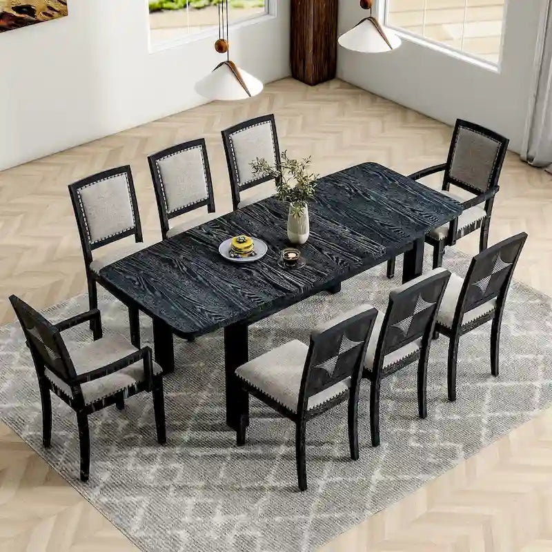7-Piece Extendable Wooden Dining Table Set in Black and Gray with 6 Chairs 2
