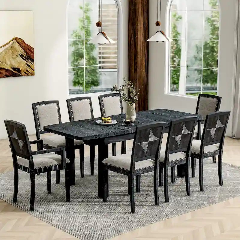 7-Piece Extendable Wooden Dining Table Set in Black and Gray with 6 Chairs 3