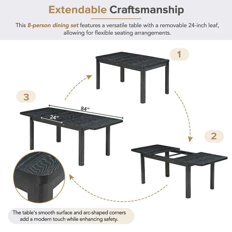 7-Piece Extendable Wooden Dining Table Set in Black and Gray with 6 Chairs 4