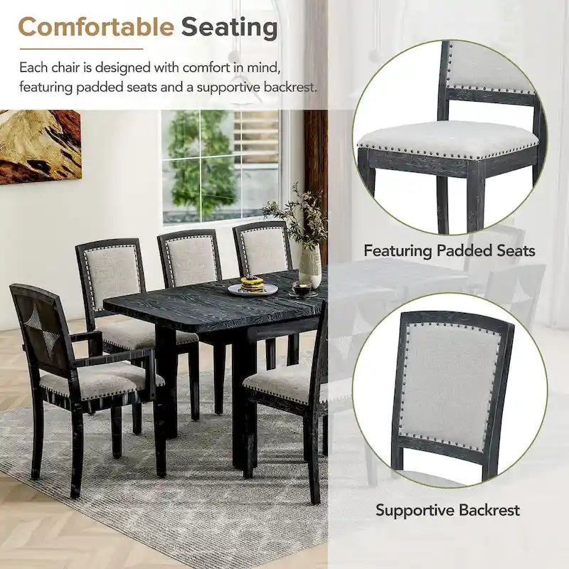 7-Piece Extendable Wooden Dining Table Set in Black and Gray with 6 Chairs 7
