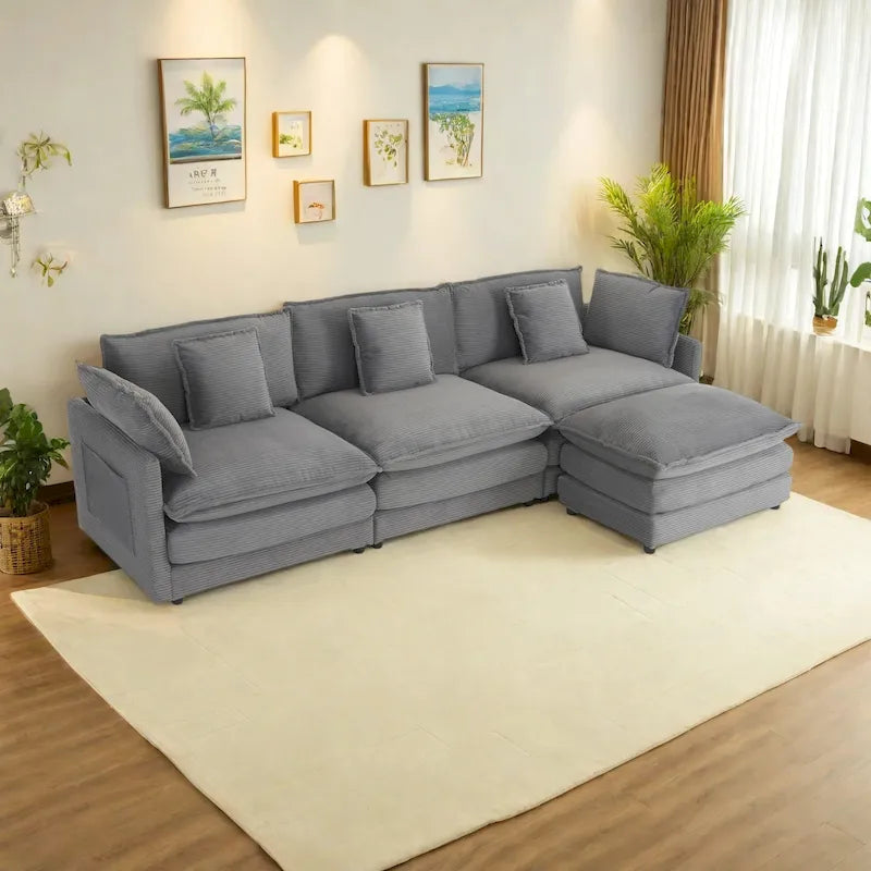 112.6-Inch Corduroy Upholstered L-Shaped Modular Sectional Sofa with Convenient Side Storage Pockets 26