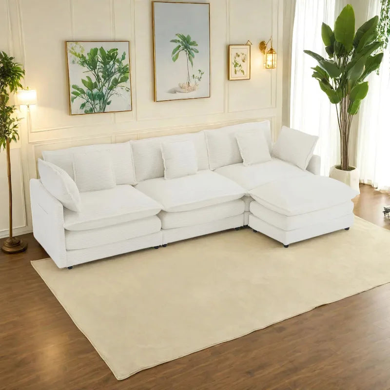 112.6-Inch Corduroy Upholstered L-Shaped Modular Sectional Sofa with Convenient Side Storage Pockets 1
