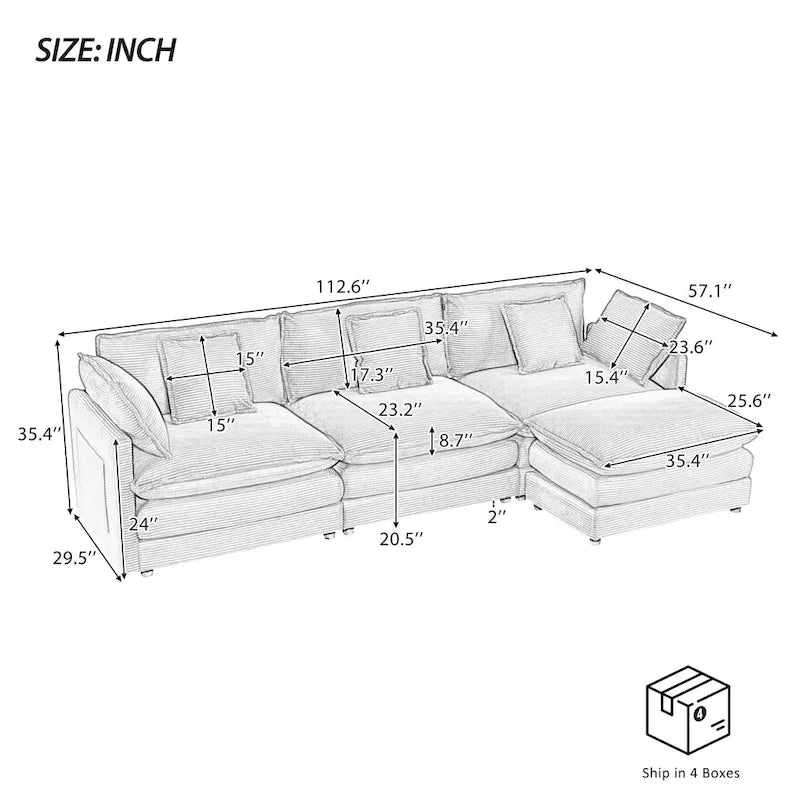 112.6-Inch Corduroy Upholstered L-Shaped Modular Sectional Sofa with Convenient Side Storage Pockets 4