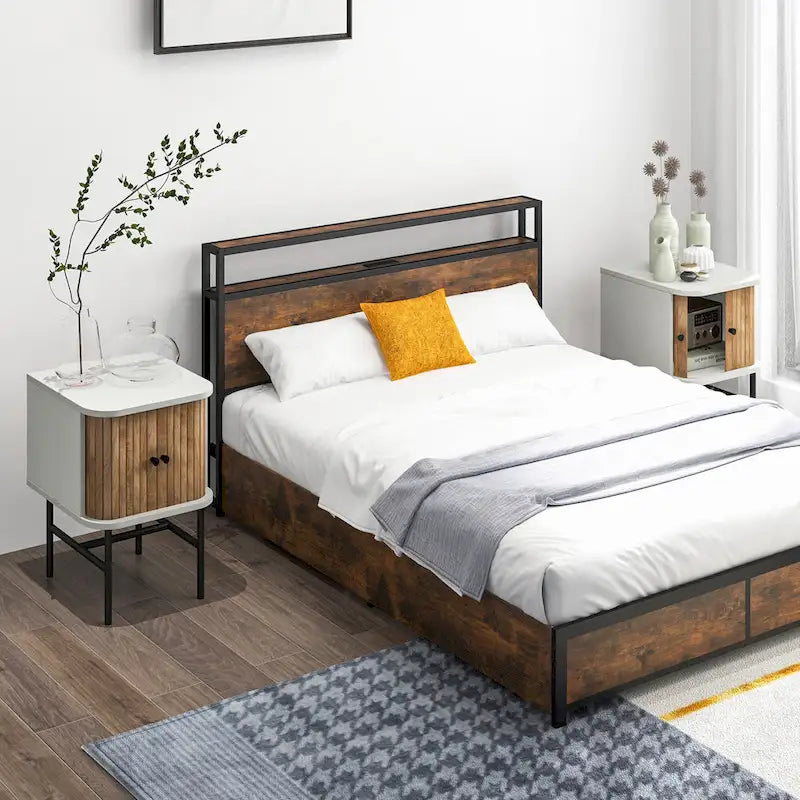 Set of 2 Nightstands with Sliding Doors and Metal Legs 3