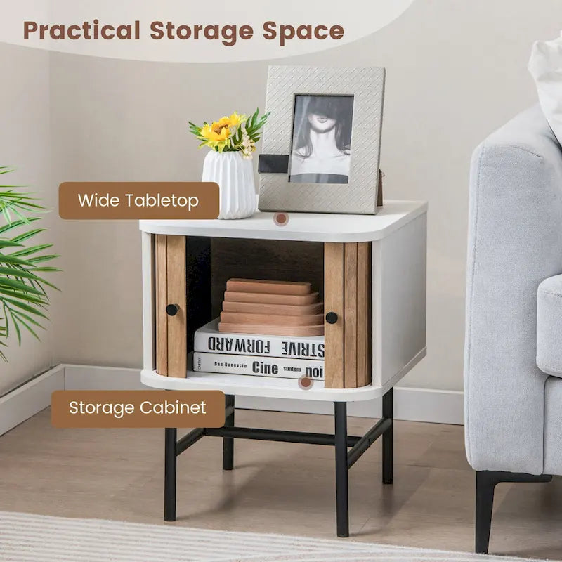 Set of 2 Nightstands with Sliding Doors and Metal Legs 8