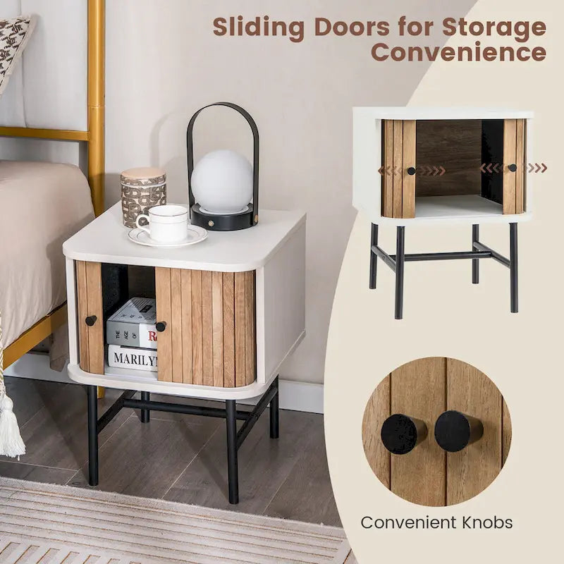 Set of 2 Nightstands with Sliding Doors and Metal Legs 9