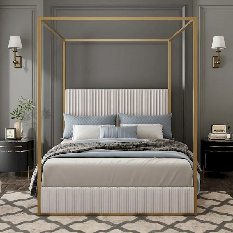 Contemporary Luxe Metal Canopy Bed Featuring a High Upholstered Headboard 1