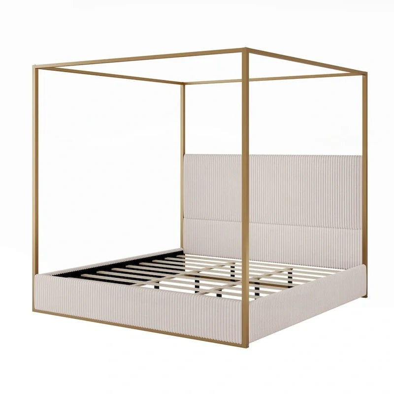 Contemporary Luxe Metal Canopy Bed Featuring a High Upholstered Headboard 8
