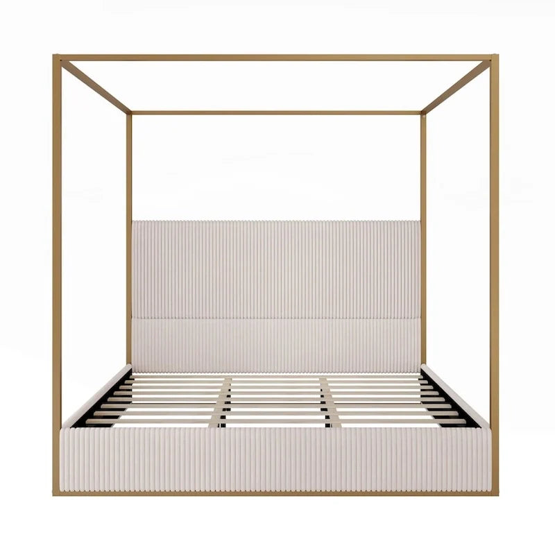 Contemporary Luxe Metal Canopy Bed Featuring a High Upholstered Headboard 9