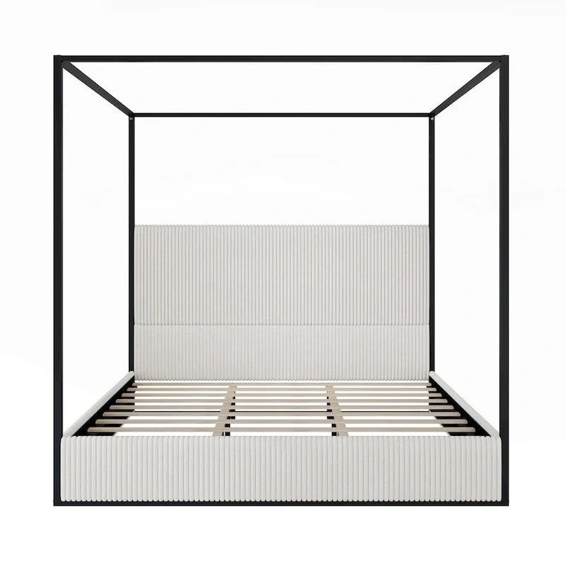 Contemporary Luxe Metal Canopy Bed Featuring a High Upholstered Headboard 13