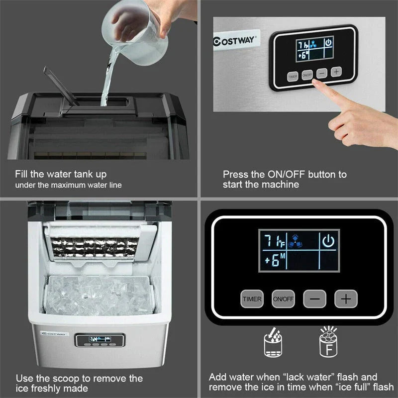 48LBS/24H Stainless Steel Countertop Ice Maker Machine with Self-Clean Function LCD Display Ice Scoop Basket 7