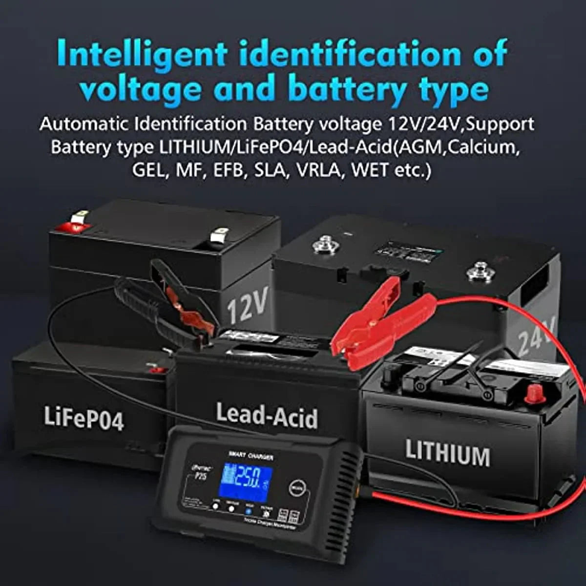 25-Amp Smart Battery Charger,Lithium,LiFePO4,Lead-Acid AGM/Gel/SLA.. Car Battery Charger,Trickle Charger, Maintainer/deep Cycle Charger,12V/25A and 24V/13A,for Motorcy,Boat,Lawn Mower,Golf cart.. 4