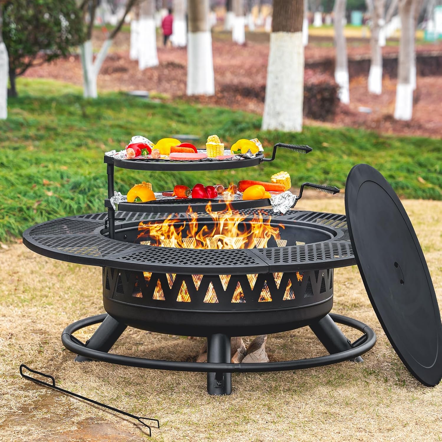 47 Inch Fire Pit with 2 Grills, Outdoor Extra Large Firepits for Outside, Wood Burning Fireplace for Camping,Picnic,Bonfire, 3-in-1 Round Metal Table with Lid for Backyard,Patio,Party 1