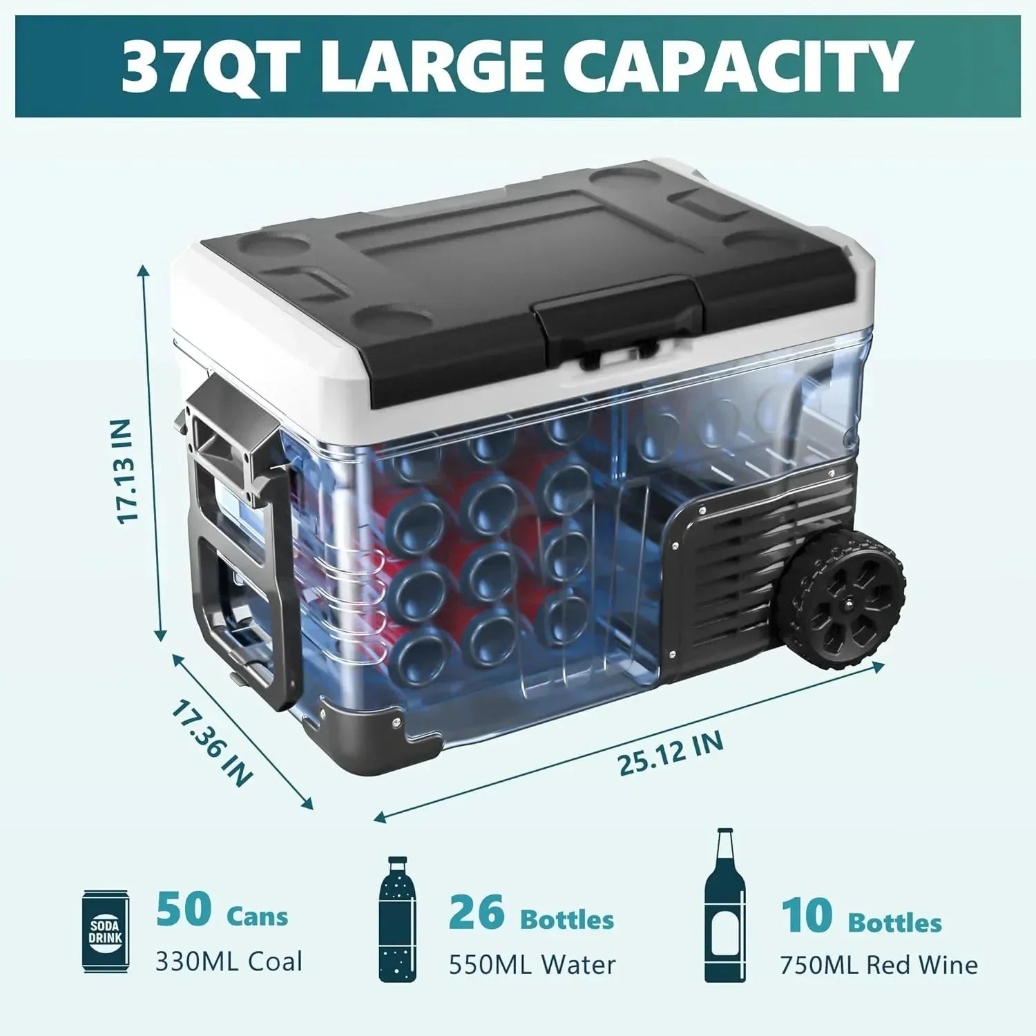 53QT Portable 12V Refrigerator Freezer, Dual Zone Electric Cooler with Wheels, 12V/24V DC & 110-240V AC for Travel, Truck, Boat, Camping 10