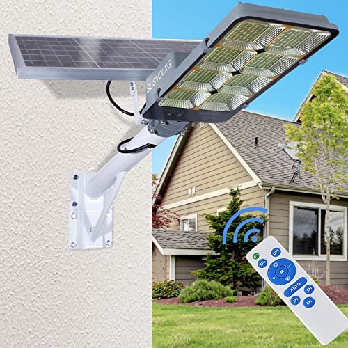 450W Solar Street Flood Lights Outdoor Lamp with Remote Control Dusk to Dawn Security Lighting for Yard Garden Gutter Basketball Court Arena Lawn lm 7