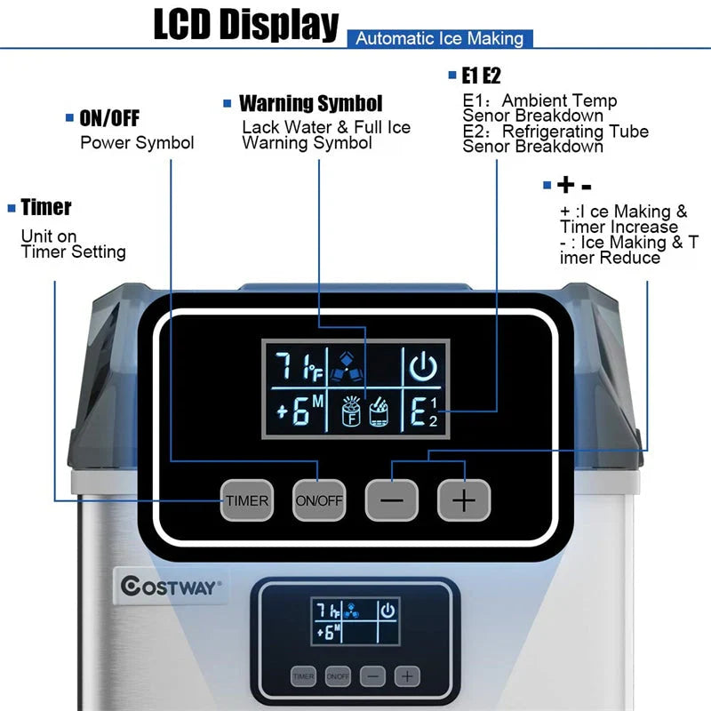 48LBS/24H Stainless Steel Countertop Ice Maker Machine with Self-Clean Function LCD Display Ice Scoop Basket 4
