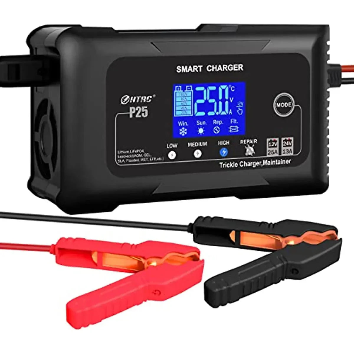 25-Amp Smart Battery Charger,Lithium,LiFePO4,Lead-Acid AGM/Gel/SLA.. Car Battery Charger,Trickle Charger, Maintainer/deep Cycle Charger,12V/25A and 24V/13A,for Motorcy,Boat,Lawn Mower,Golf cart.. 1