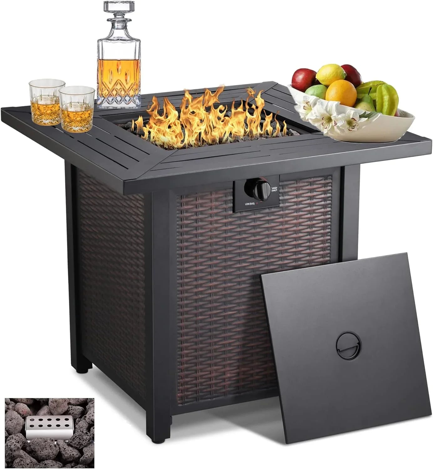 28-inch, 50,000-watt automatic ignition gas fire pit table, CSA-certified, imitation wicker wood material, equipped with a 6.6-pound stone shelf, suitable for gardens/terraces/balconies/backyards. 1