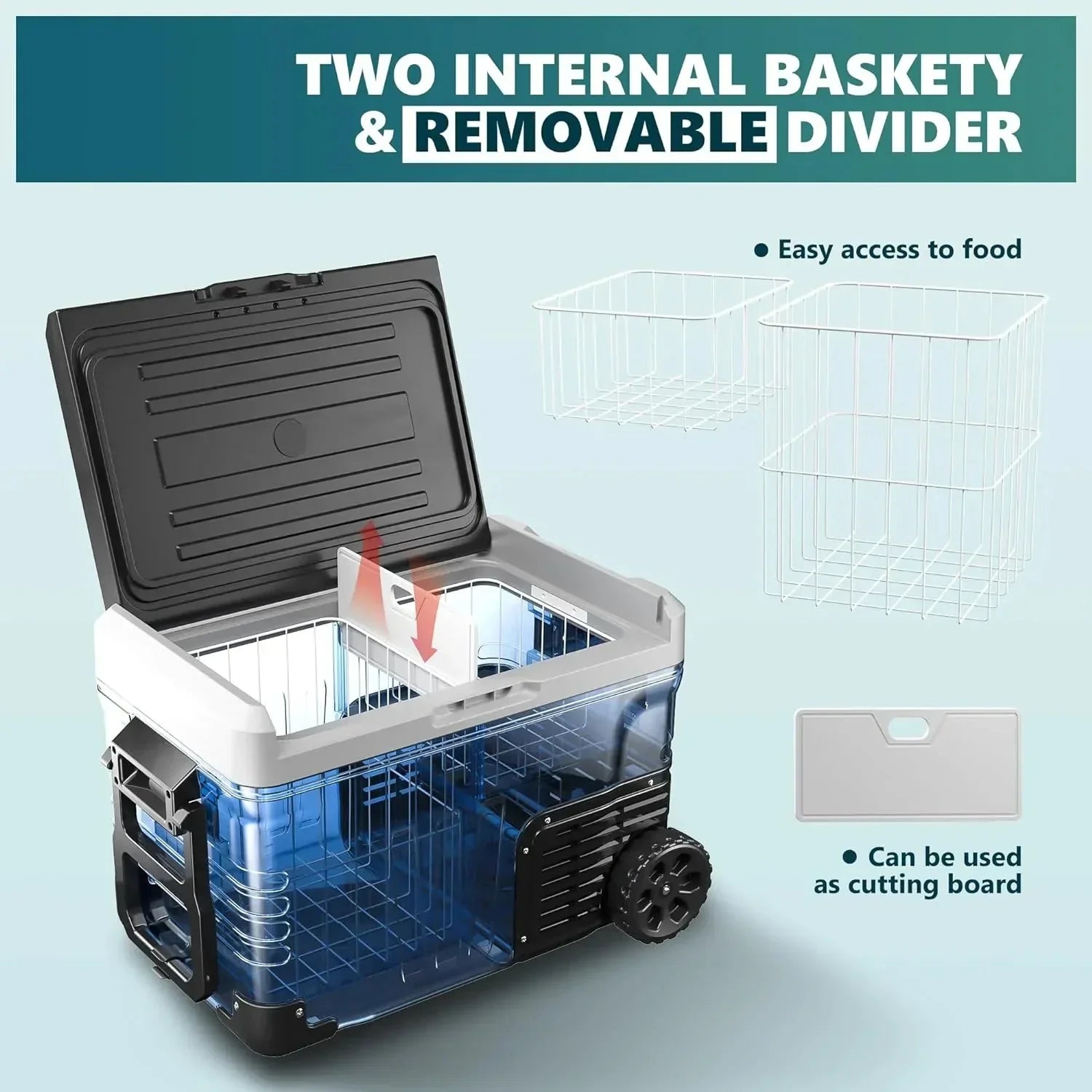 53QT Portable 12V Refrigerator Freezer, Dual Zone Electric Cooler with Wheels, 12V/24V DC & 110-240V AC for Travel, Truck, Boat, Camping 5