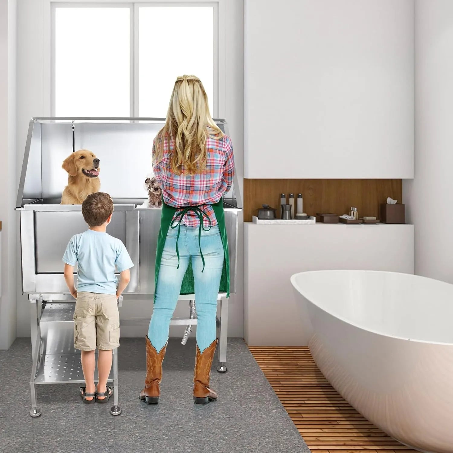 50" Dog Wash Bathtub, Pet Wash Station, Professional Stainless Steel Dog Grooming Tub with Ramp, Faucet, Sprayer, Drain Kit, Right Door 5