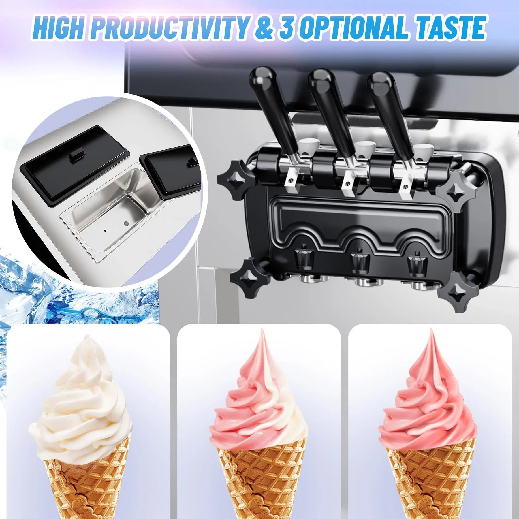 2200W Commercial Ice Cream Machine, 3 Flavor Soft Serve Ice Cream Machine, 5.3-7.4 Gal/Hr, with LCD Touch Screen, Automatic Cleaning, High Productivity for Home Snack Bar & Restaurants 10