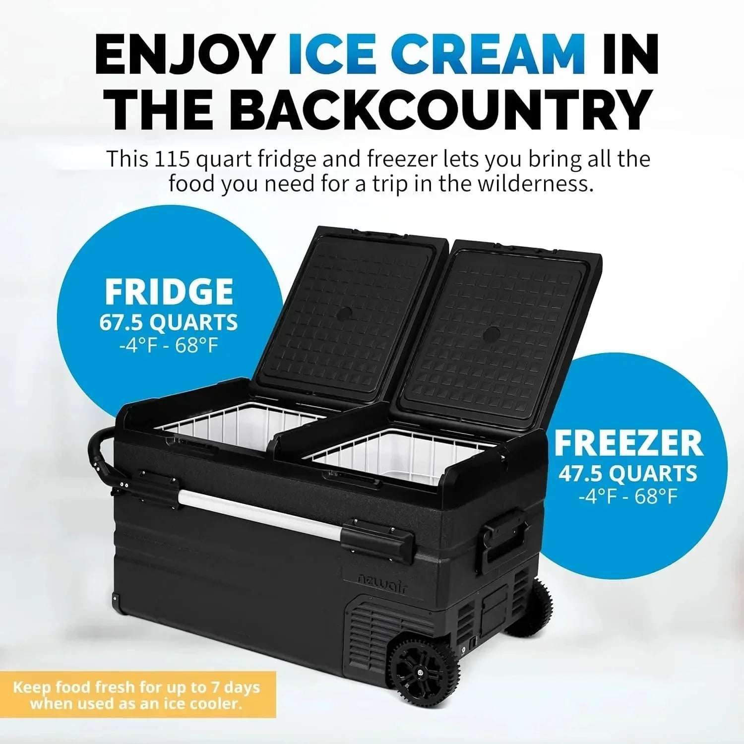 48 Qt. Portable 12v Electric Cooler with LG Compressor, Fridge and Freezer, Rugged Wheels, and Solar Power Input, Perfect Plug-In Cooler for Camping, Trucks, Travel, Car and Home 11
