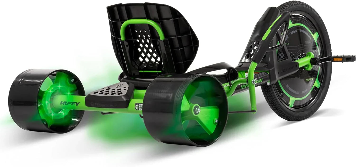 20-inch drift tricycle, with smooth lines and comfortable design, adjustable seat, sturdy steel frame, easy to operate, suitable for children over 8 years old, equipped with LED lighting and foot brakes, available in green and black colors. 2