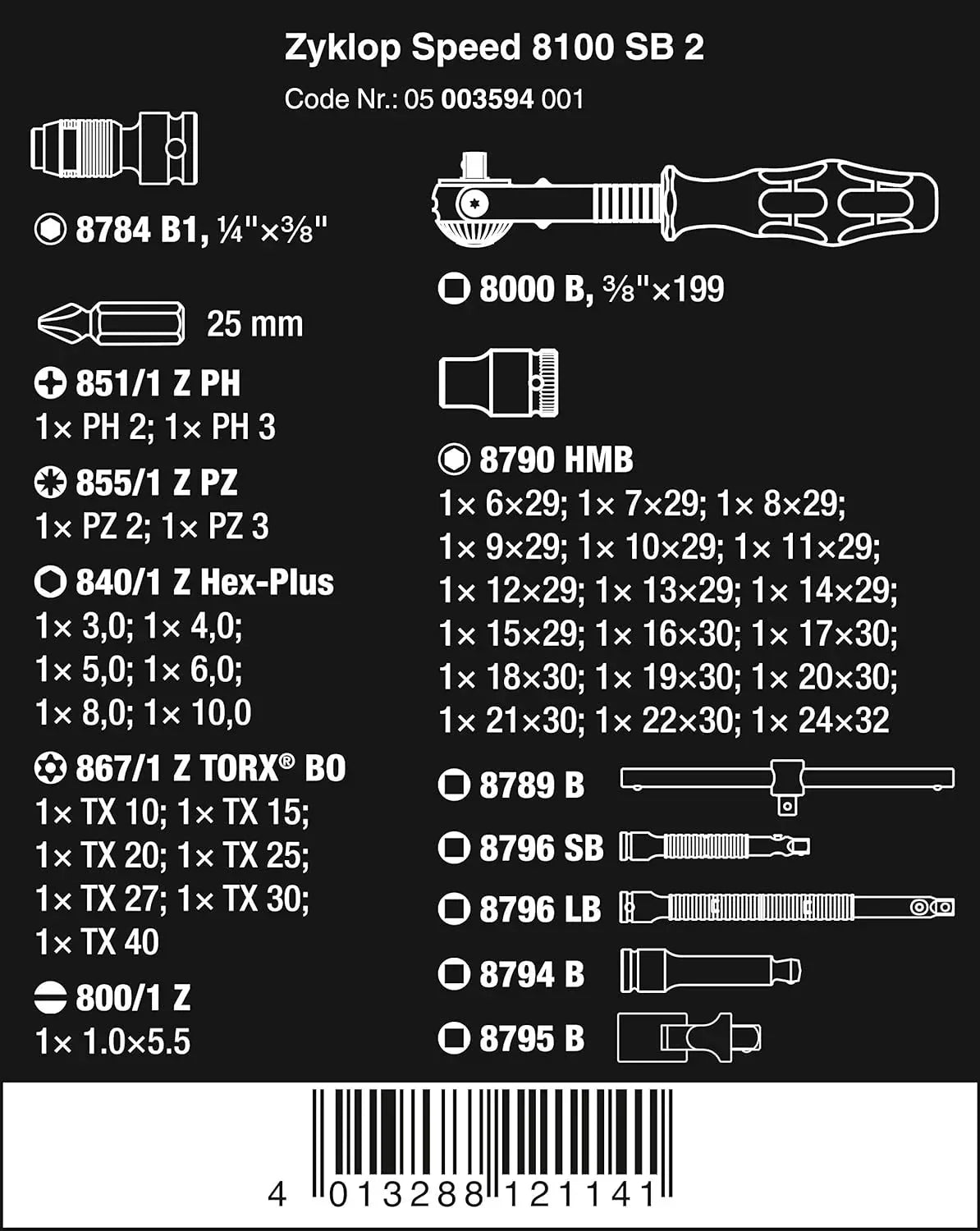 5003594001 8100 SB 2 Zyklop 3/8" Metric Ratchet Set ( Piece of 43) 4