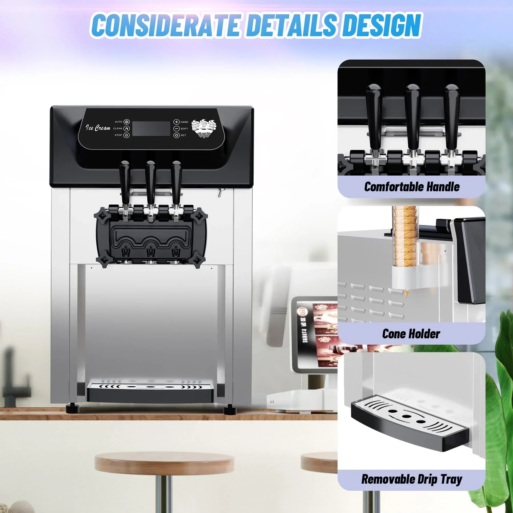 2200W Commercial Ice Cream Machine, 3 Flavor Soft Serve Ice Cream Machine, 5.3-7.4 Gal/Hr, with LCD Touch Screen, Automatic Cleaning, High Productivity for Home Snack Bar & Restaurants 12